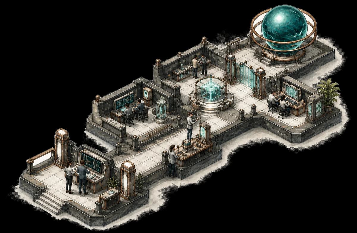 An isometric workshop where specialists build, test, and review work around a glass evaluation sphere