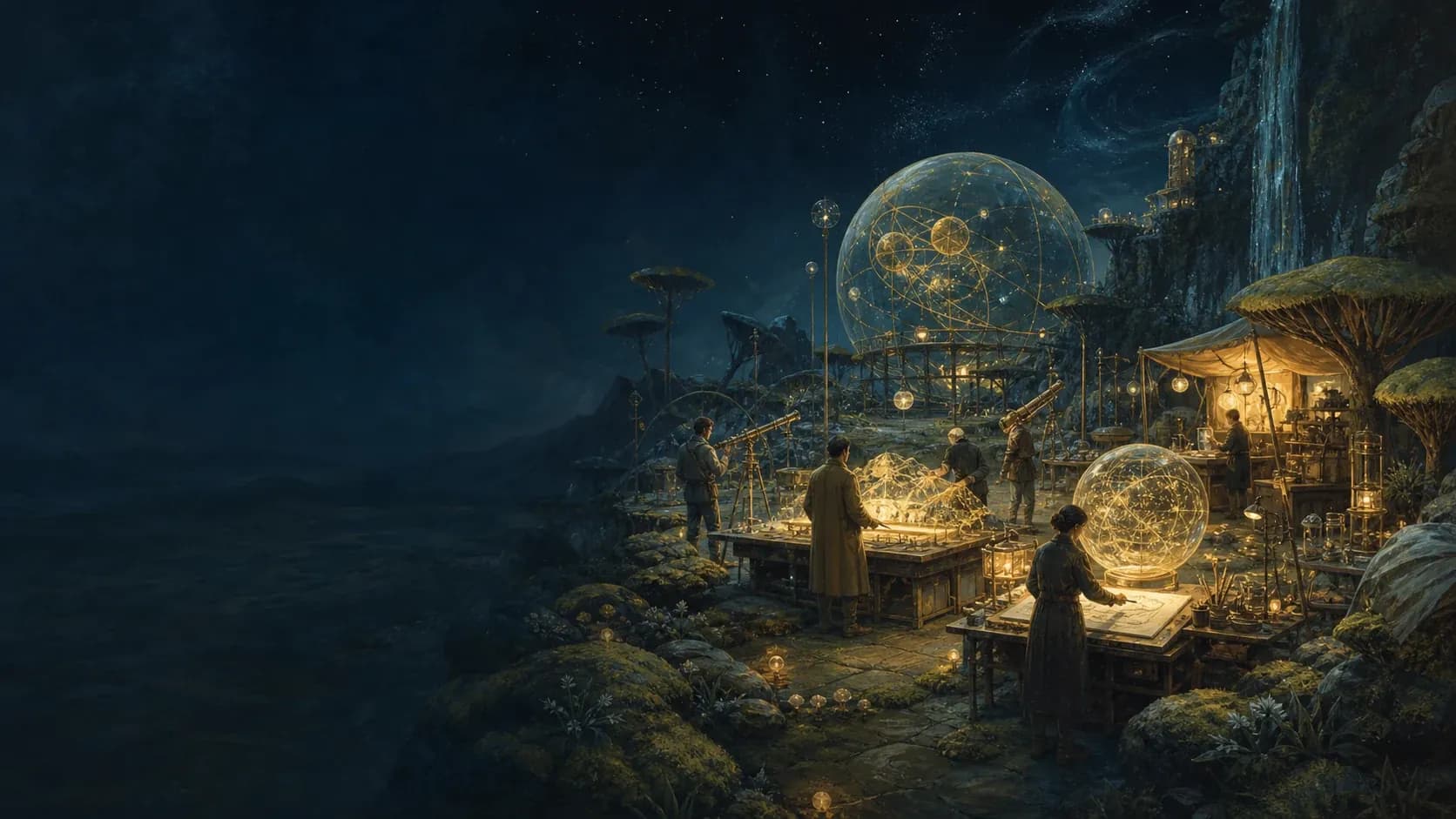 Specialists working at lamp-lit tables beneath glowing glass spheres on a hillside at night