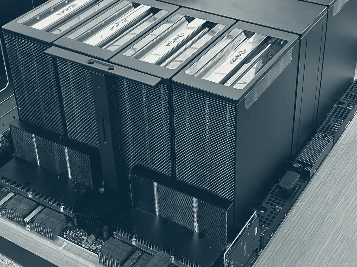 NVIDIA HGX B200 board with eight heatsink-covered GPUs